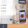 A hand holding a smartphone displaying a heating app, with a white convection heater in the foreground and a shelf unit in the background. Anteprima dell’immagine prodotto