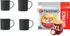 A collage of Tassimo coffee pods and mugs, with a small alarm clock. Produktbild-Vorschau