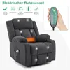 A dark gray electric recliner chair with various features highlighted by icons and text, and a hand holding a remote control. Produktbild-Vorschau