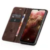 A brown flip case for a smartphone, open to reveal card slots and a phone screen displaying the time and date. Produktbild-Vorschau