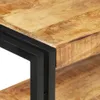A close-up view of the corner of a wooden table with black metal legs. Podgląd zdjęcia produktu