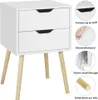 A white bedside table with two drawers and wooden legs, shown from the front-left. Several inset images highlight features like the drawer pull, water resistance, drawer slides, and solid wood legs. Produktbild-Vorschau