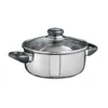 A stainless steel pot with a glass lid and black handles is shown against a white background. Produktbild-Vorschau