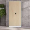 A metal cabinet with wood-effect doors is shown in a room with a concrete wall and floor. Voir les images du produit