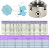 A collage of a self-centering 4-jaw chuck, technical drawings, and a specification table. Podgląd zdjęcia produktu