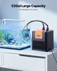 An aquarium chiller and heater unit connected to a fish tank, placed on a white cabinet. Produktbild-Vorschau