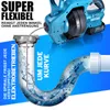A product marketing image showing a drain cleaning tool in action, illustrating its flexibility and effectiveness in clearing pipe blockages. Produktbild-Vorschau