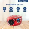 A red boombox is shown on a wooden surface, with icons and text above it indicating its features. Produktbild-Vorschau
