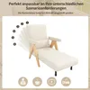 A beige chaise lounge with wooden accents, shown with adjustable backrest positions and icons representing reading, drinking, and watching TV. Produktbild-Vorschau