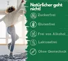 A person jumping joyfully in a room, with a green overlay on the right side listing product features. Podgląd zdjęcia produktu