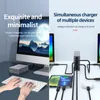 A split image showing a charging hub connected to a computer setup on the left, and multiple devices being charged by the hub on the right. Náhľad obrázku produktu