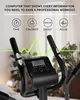 Close-up of the console and handlebars of an exercise bike, with overlaid text and icons highlighting features. Produktbild-Vorschau