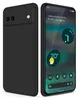 A black phone case is shown next to a smartphone displaying a weather app and calendar. Produktbild-Vorschau