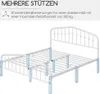 A white metal bed frame with dashed blue lines highlighting the support legs. Produktbild-Vorschau