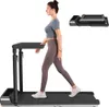 A woman is walking on a treadmill, with a folded treadmill shown in the upper right corner. Produktbild-Vorschau