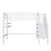 A white metal loft bed with stairs and shelves, shown against a white background. Podgląd zdjęcia produktu