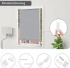 A collage showing a grey roller blind installed in a window, along with various accessories for child safety and installation. Produktbild-Vorschau