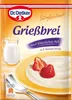 A product package for Dr. Oetker Griessbrei (semolina pudding) with an image of the prepared dish with strawberries and a jug of milk. Náhľad obrázku produktu