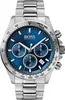 A close-up studio shot of a Hugo Boss men's chronograph watch with a blue dial and silver metal bracelet, presented against a white background. Voir les images du produit