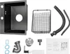 A collection of kitchen sink accessories and a sink basin are laid out on a white background. Produktbild-Vorschau