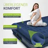 A woman is holding a pillow while sitting on a blue inflatable mattress. Text overlays highlight the mattress's features. Produktbild-Vorschau