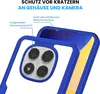 Close-up view of a blue phone case on a white background, highlighting its camera protection and screen protection features. Produktbild-Vorschau