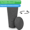 A dark gray, textured rain barrel with a lid, shown next to a circular arrow icon indicating rotation. Text overlays highlight product features. Produktbild-Vorschau