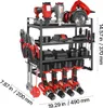 A black metal tool storage rack filled with various tools and power drills. Produktbild-Vorschau