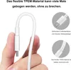 A hand holding a white USB-C cable, with close-up insets showing the connector and the cable material. Produktbild-Vorschau