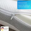 Close-up of a pillow with a zipper, showing the texture of the fabric and the inner foam. There are informational overlays. Produktbild-Vorschau