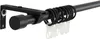 A close-up view of a black curtain rod with rings and a bracket, isolated on a white background. Produktbild-Vorschau