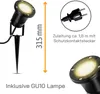 Product image showing a garden spotlight with dimensions and features. Produktbild-Vorschau