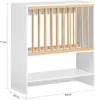 A white shelf unit with wooden slats, showing dimensions. Produktbild-Vorschau