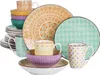 A collection of ceramic dinnerware, including plates, bowls, and mugs, arranged in a stacked formation against a white background. Náhled obrázku produktu