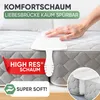 A hand presses down on a white mattress topper placed between two mattresses. Podgląd zdjęcia produktu