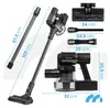 A collection of images and diagrams showing a cordless vacuum cleaner and its various attachments, along with dimension labels. Podgląd zdjęcia produktu