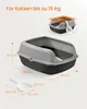 A diagram showing the dimensions of a cat litter box and a litter scoop, with text indicating it's for cats up to 15 kg. Produktbild-Vorschau