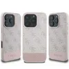 Three views of a pink and gray Guess iPhone case with a 4G pattern. Podgląd zdjęcia produktu