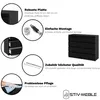A collage of images showcasing a black dresser, with text highlighting its features such as robust plate, easy assembly, high-quality accessories, and effortless cleaning. Produktbild-Vorschau