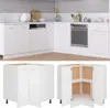 A collage of images showing white kitchen cabinets, including a full kitchen setup and individual cabinet units. The bottom images showcase the interior of an open corner cabinet with shelves. Náhľad obrázku produktu
