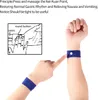 A diagram showing the application of acupressure wristbands for nausea relief, alongside a photograph of a person wearing one. Produktbild-Vorschau