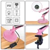 A collage of images showing a pink desk lamp with its base and a clamp attachment, along with technical specifications. Anteprima dell’immagine prodotto