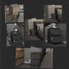 A collage of images showing modern gray bedside tables with wooden drawer fronts, some with drawers open, in bedroom settings. Voir les images du produit
