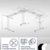 A technical drawing of an L-shaped height-adjustable desk frame with dimensions and icons indicating features. Produktbild-Vorschau