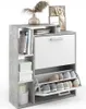 A shoe cabinet with a concrete-look finish and white drawer fronts, displaying shoes and decorative items. Produktbild-Vorschau