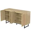 A light wood sideboard with rattan doors and black metal legs, shown with its doors open. Náhľad obrázku produktu