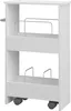 A white rolling cart with two shelves and metal dividers. Voir les images du produit