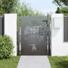 A modern garden gate with a tree design, set against a backdrop of greenery and a white wall with a mailbox. Produktbild-Vorschau