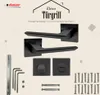 A product image showcasing a black door handle set with various accessories and text overlays. Produktbild-Vorschau