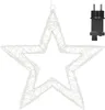 A white wireframe star decoration with embedded lights, shown hanging against a white background, with a black power adapter to the right. Podgląd zdjęcia produktu